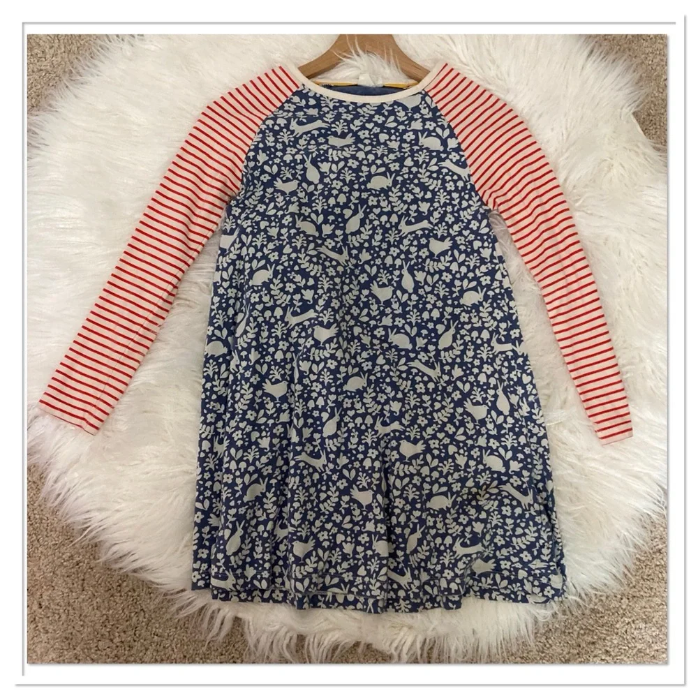 Mini Boden Striped Animal Print Dress Long Sleeve Red Blue Size 9-10Y